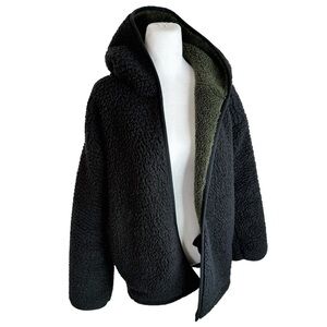 EXPRESS Men's Thick Soft Black Open Sherpa Hoodie Jacket Green Fleece Lined XS/S